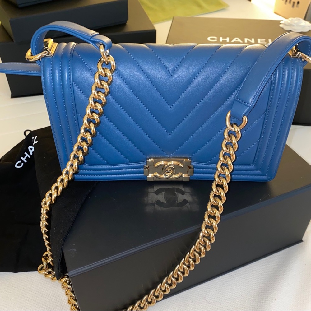 SOLD- Chanel Boy Flap Blue with Gold Hardware